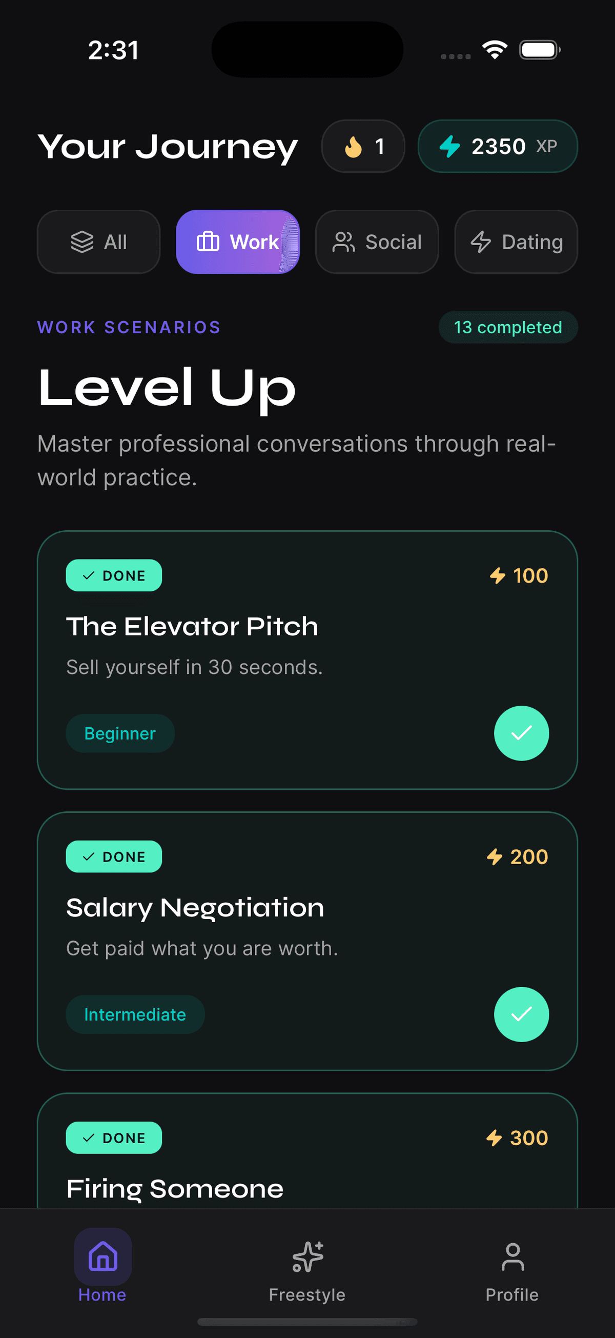 Conversable home screen with structured learning levels
